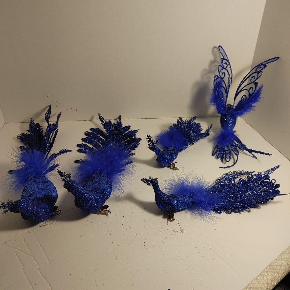 Deep Blue 4 Feather Peacocks Glitter and Feathers Long Tail 1 Humming Bird Clip